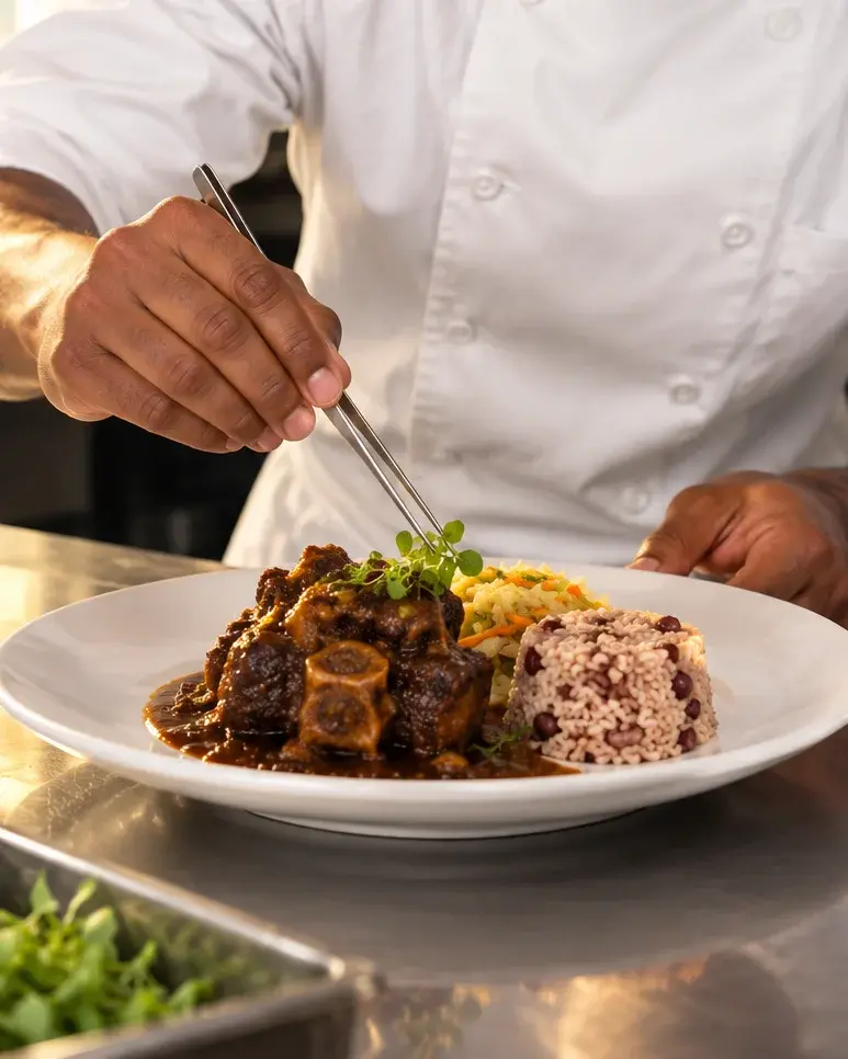 A chef in whites plating oxtail with rice and peas, adding microgreens with tweezers